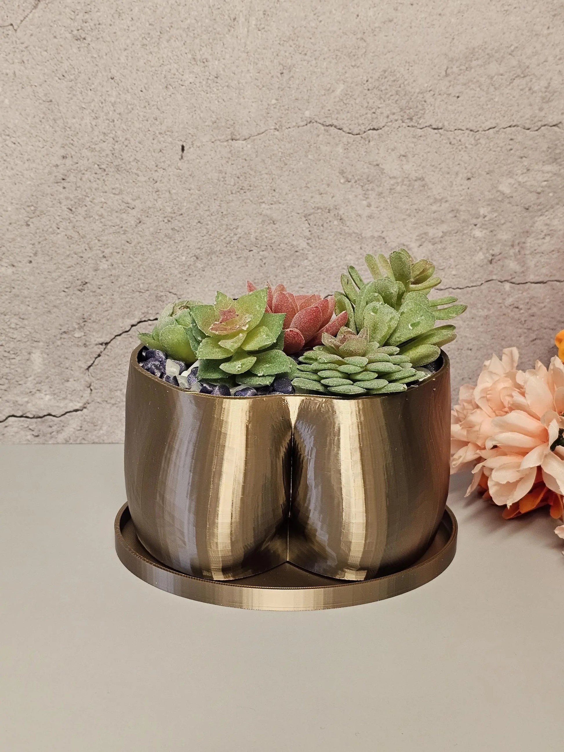 3D Printed Antique Gold Butt Planter - Modern Feminine Booty Sculpture Vase for Small Plants CR3 Design Co