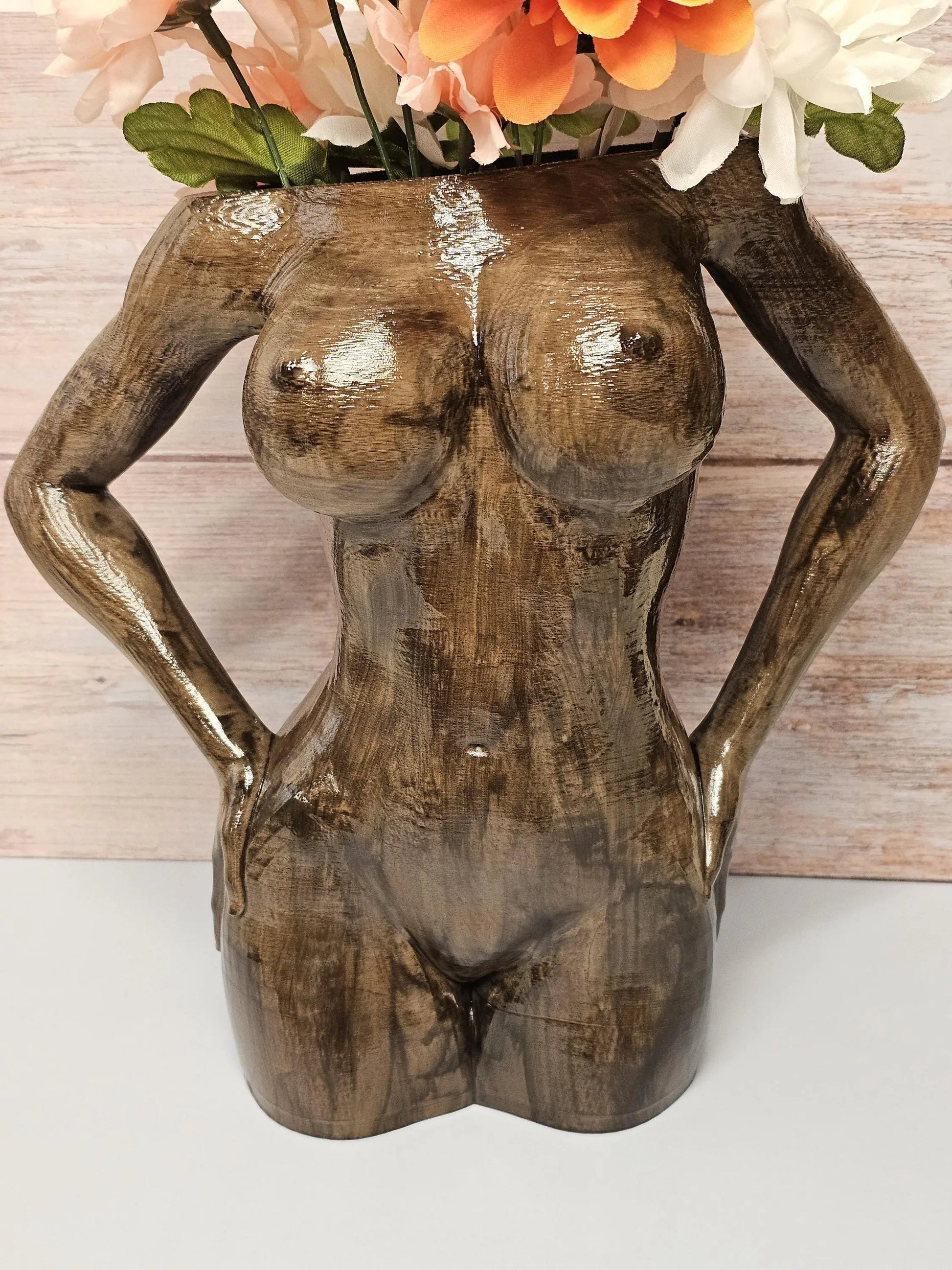 Hand-Painted Wooden Goddess Vase: Empowering Female Torso Sculpture, Boho Body Positive 3D-Printed Desk Planter CR3 Design Co