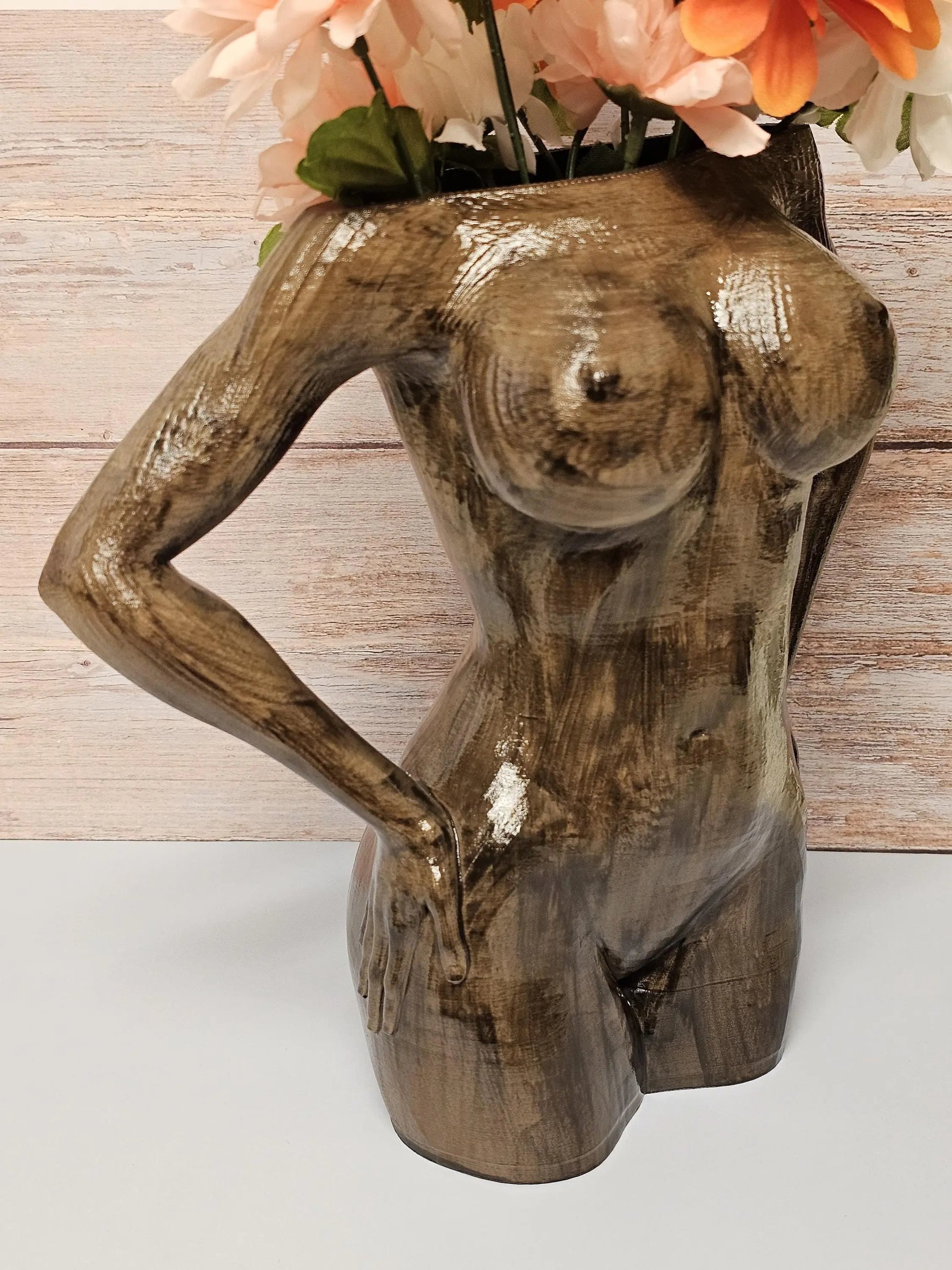 Hand-Painted Wooden Goddess Vase: Empowering Female Torso Sculpture, Boho Body Positive 3D-Printed Desk Planter CR3 Design Co