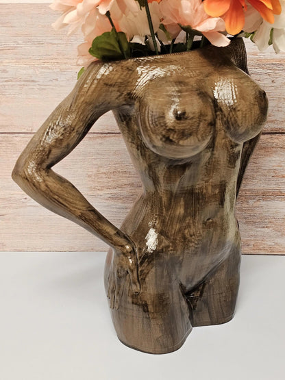 Hand-Painted Wooden Goddess Vase: Empowering Female Torso Sculpture, Boho Body Positive 3D-Printed Desk Planter CR3 Design Co