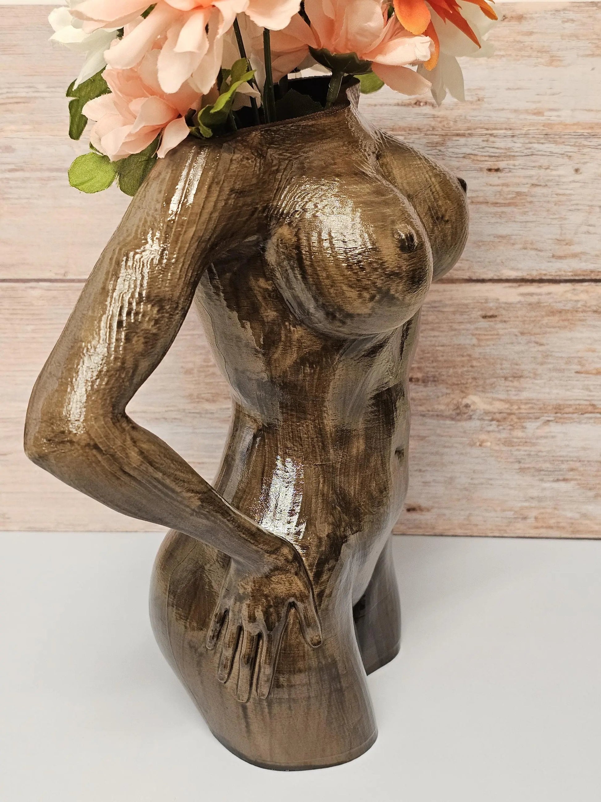 Hand-Painted Wooden Goddess Vase: Empowering Female Torso Sculpture, Boho Body Positive 3D-Printed Desk Planter CR3 Design Co