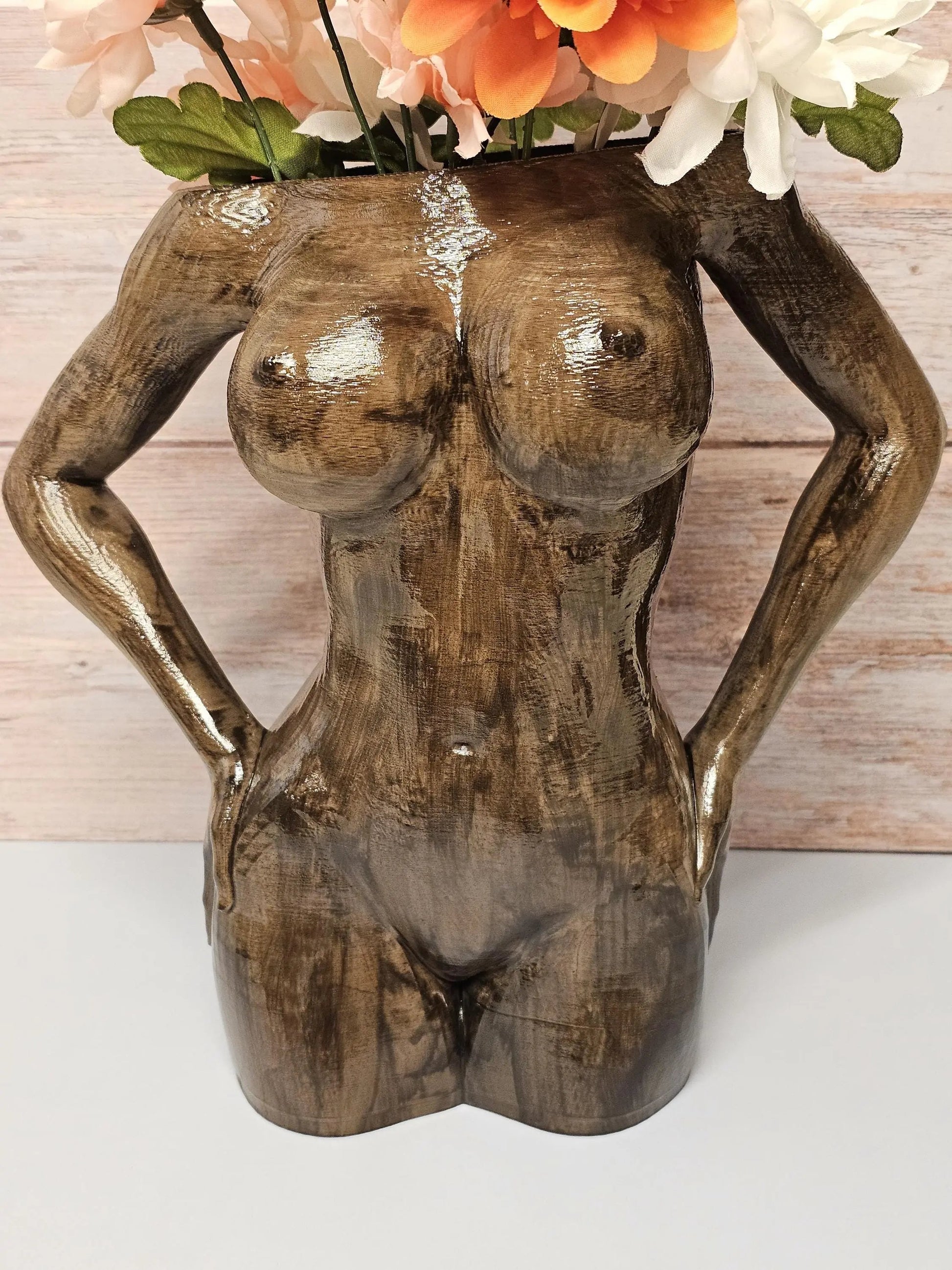 Hand-Painted Wooden Goddess Vase: Empowering Female Torso Sculpture, Boho Body Positive 3D-Printed Desk Planter CR3 Design Co