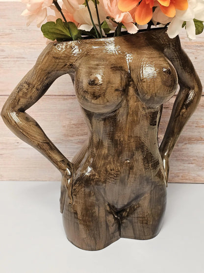 Hand-Painted Wooden Goddess Vase: Empowering Female Torso Sculpture, Boho Body Positive 3D-Printed Desk Planter CR3 Design Co