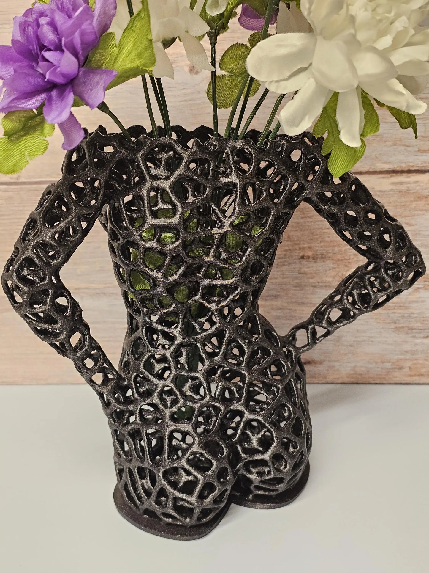 Voronoi Female Torso Vase: 3D Printed Sculpture Planter - Diamond Black LED Decor CR3 Design Co