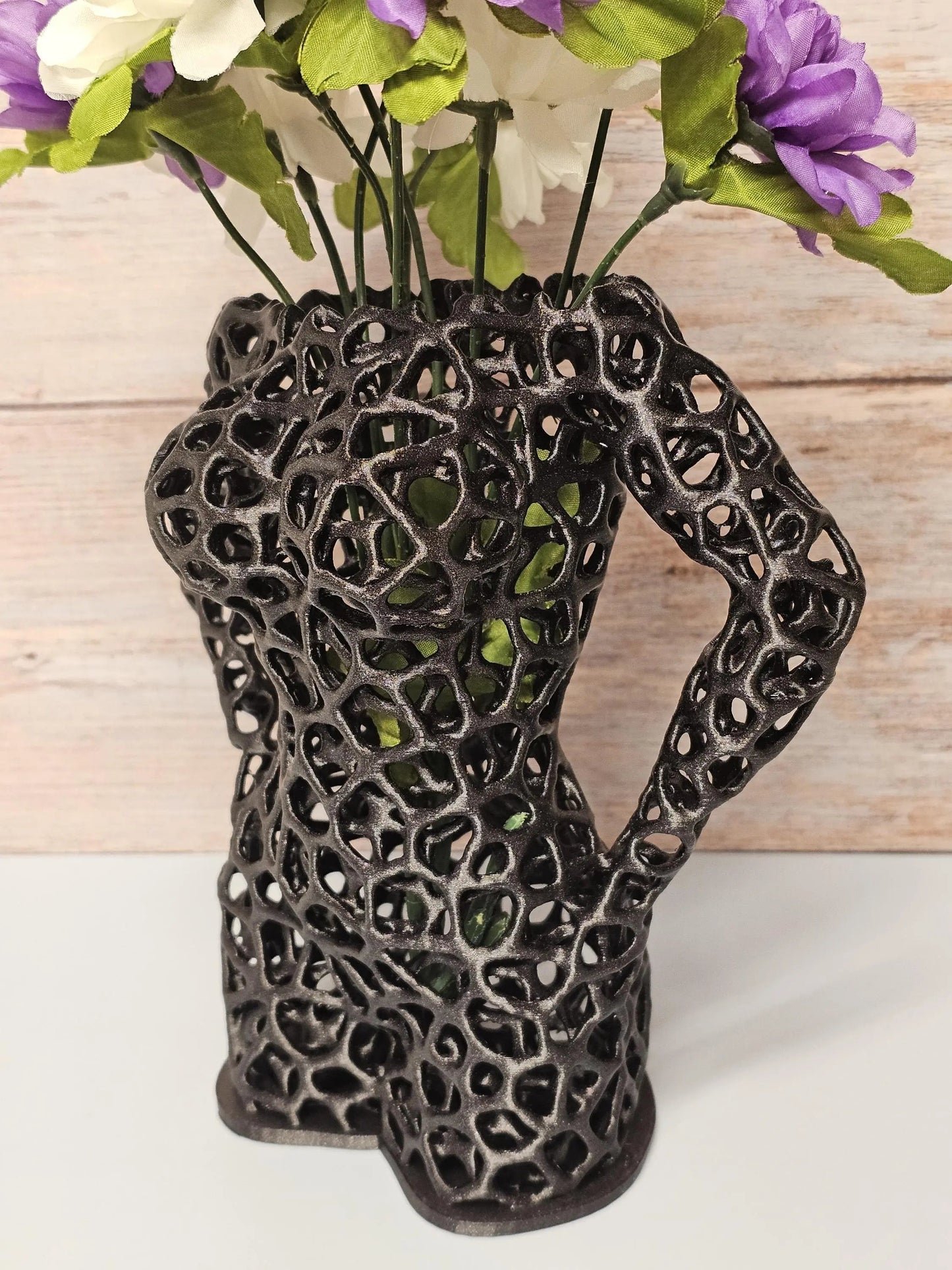 Voronoi Female Torso Vase: 3D Printed Sculpture Planter - Diamond Black LED Decor CR3 Design Co
