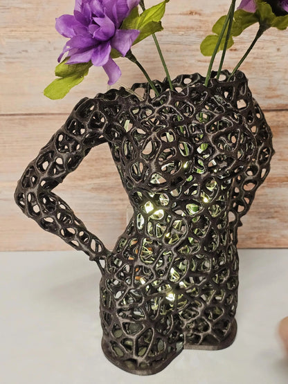 Voronoi Female Torso Vase: 3D Printed Sculpture Planter - Diamond Black LED Decor CR3 Design Co