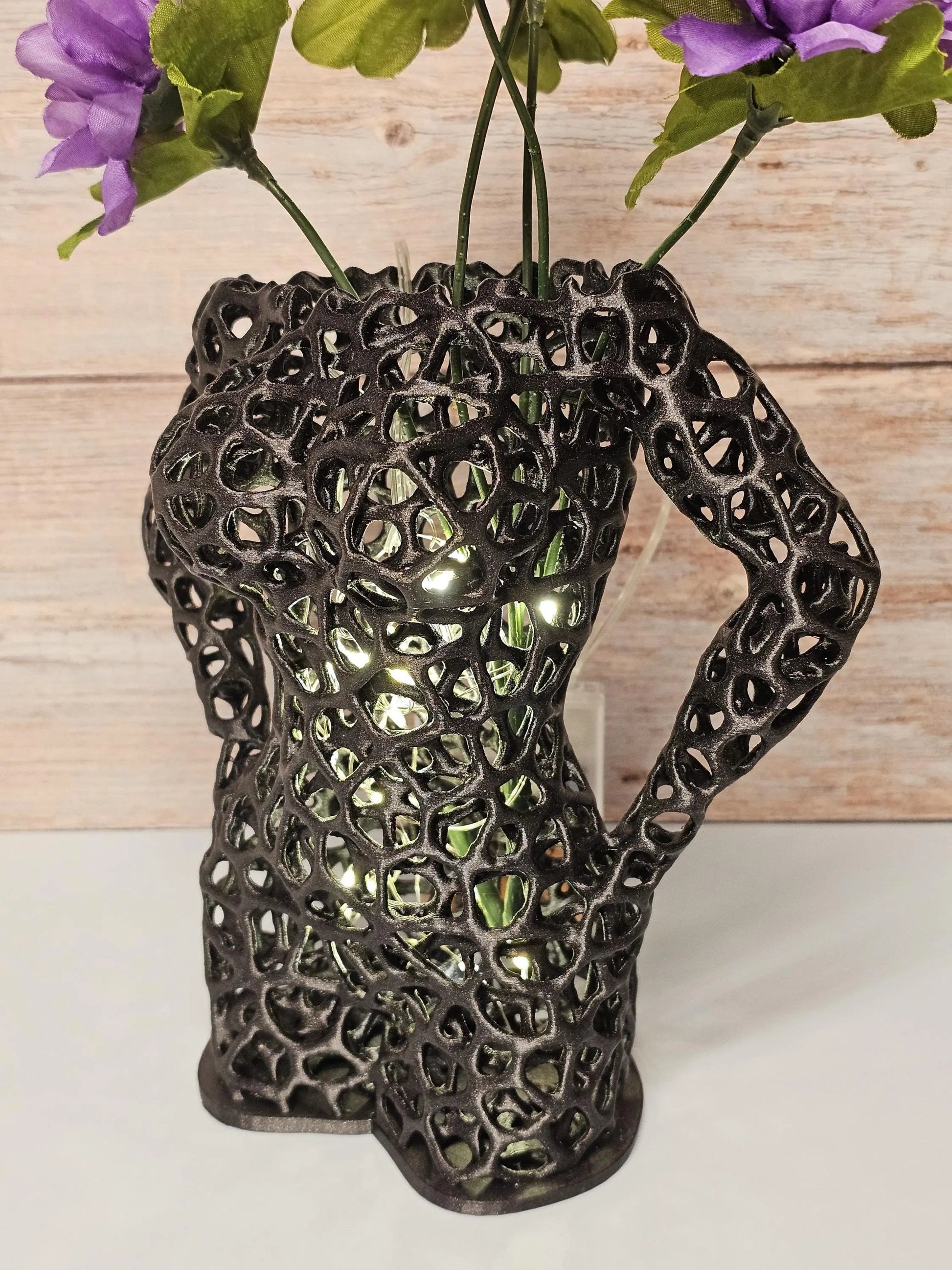 Voronoi Female Torso Vase: 3D Printed Sculpture Planter - Diamond Black LED Decor CR3 Design Co