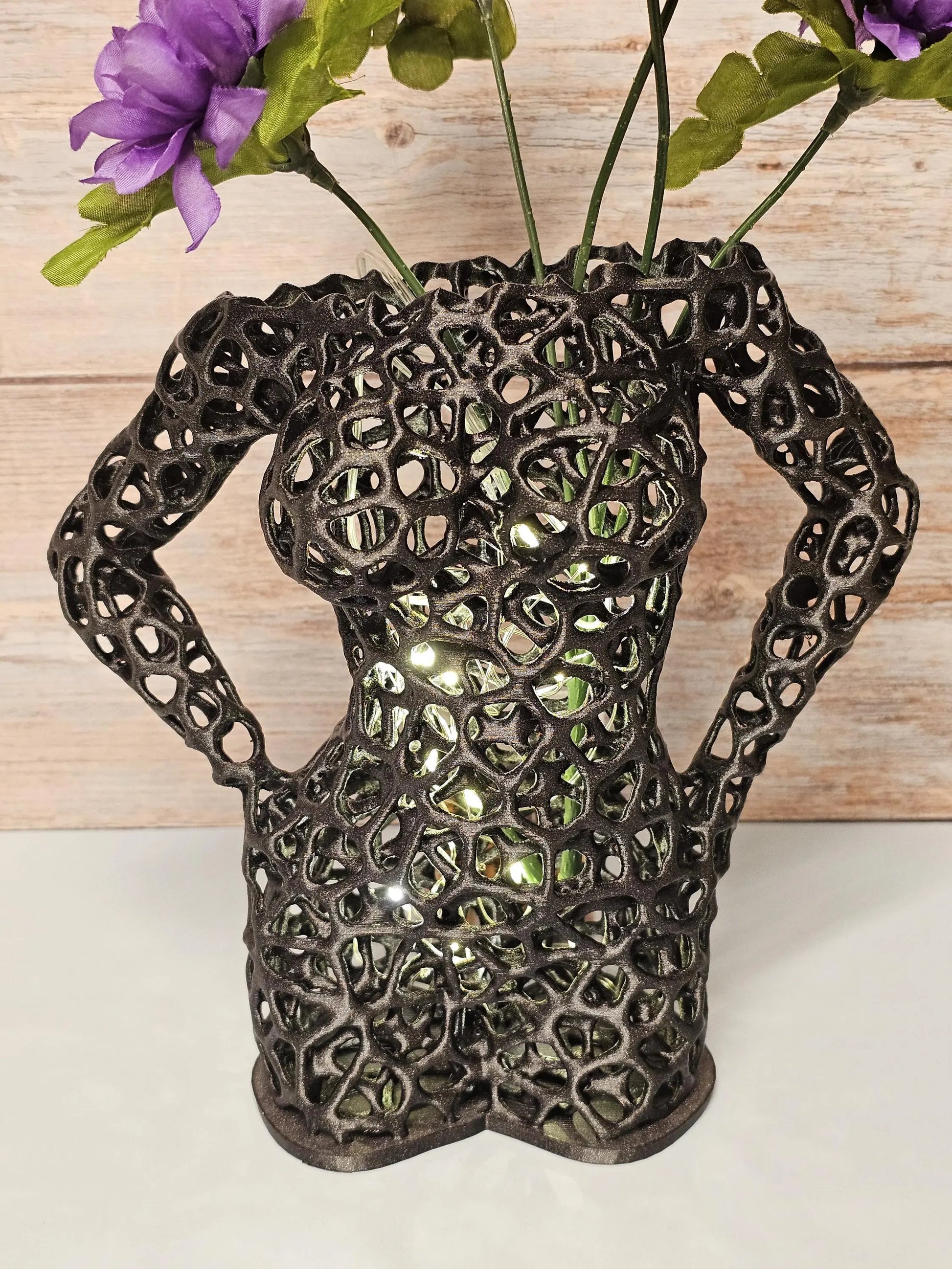 Voronoi Female Torso Vase: 3D Printed Sculpture Planter - Diamond Black LED Decor CR3 Design Co