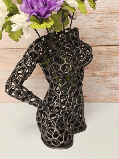 Voronoi Female Torso Vase: 3D Printed Sculpture Planter - Diamond Black LED Decor CR3 Design Co