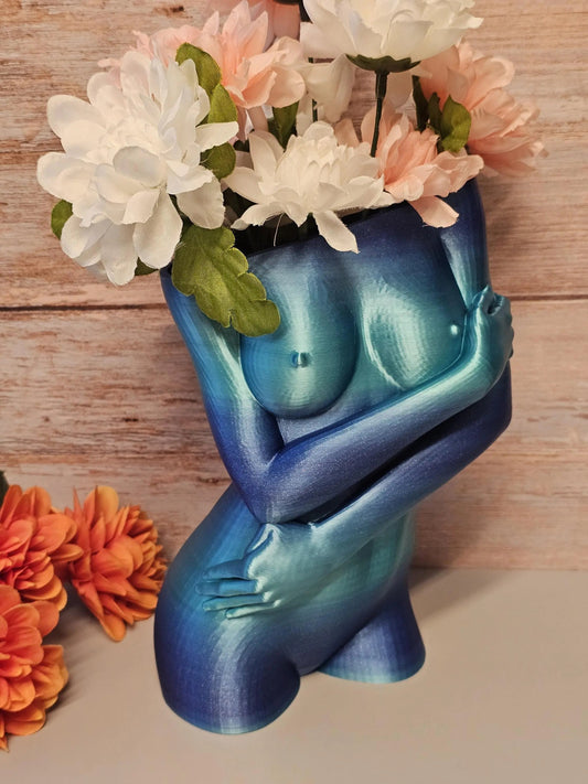 3D Printed Female Torso Vase: Aqua Oasis Body Positive Art Decor CR3 Design Co