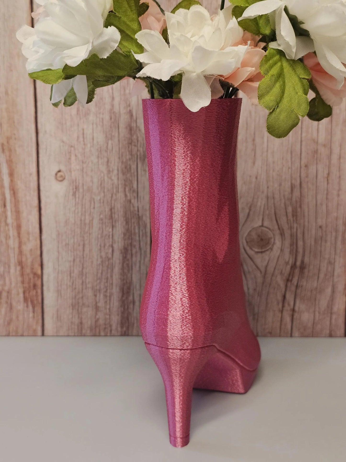 3D Printed High Heel Boot Vase: Electric Rose Pink Modern Decor CR3 Design Co