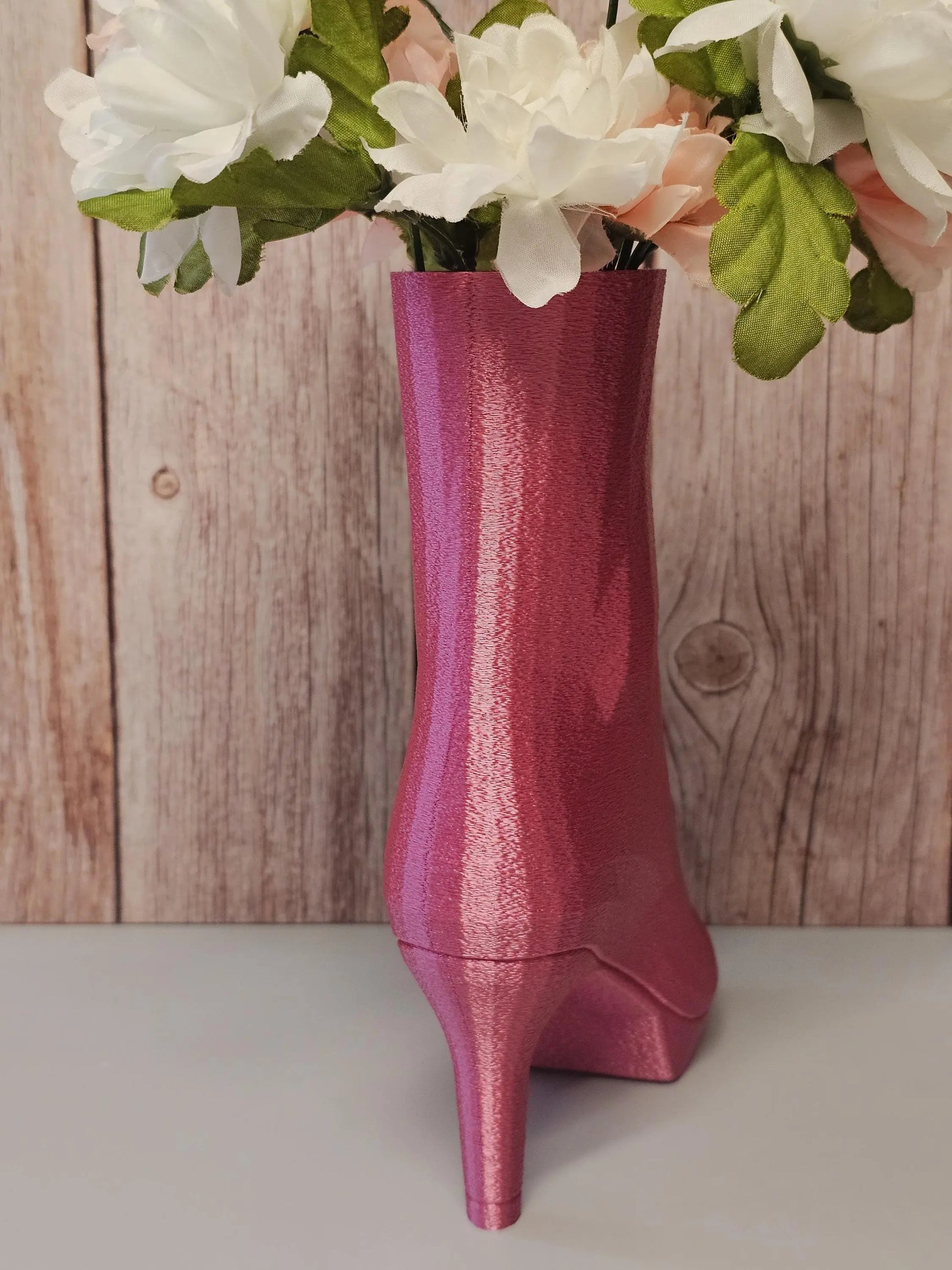 3D Printed High Heel Boot Vase: Electric Rose Pink Modern Decor CR3 Design Co