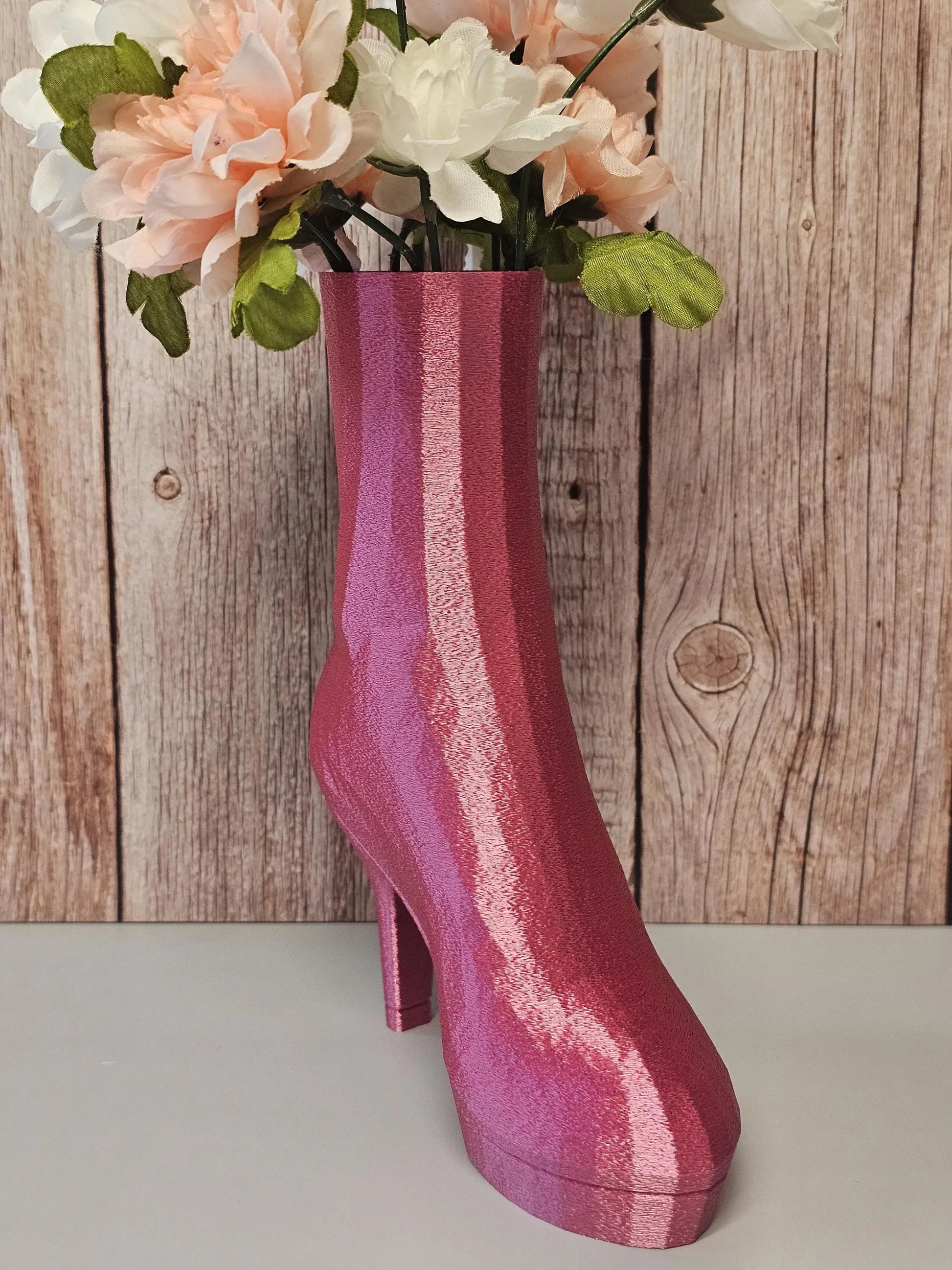 3D Printed High Heel Boot Vase: Electric Rose Pink Modern Decor CR3 Design Co