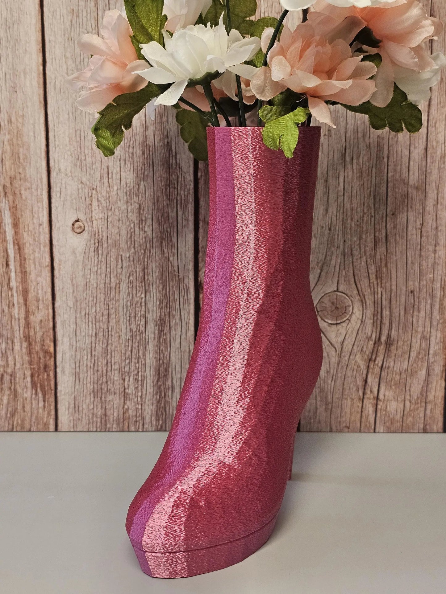 3D Printed High Heel Boot Vase: Electric Rose Pink Modern Decor CR3 Design Co