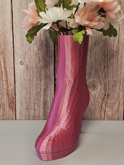 3D Printed High Heel Boot Vase: Electric Rose Pink Modern Decor CR3 Design Co