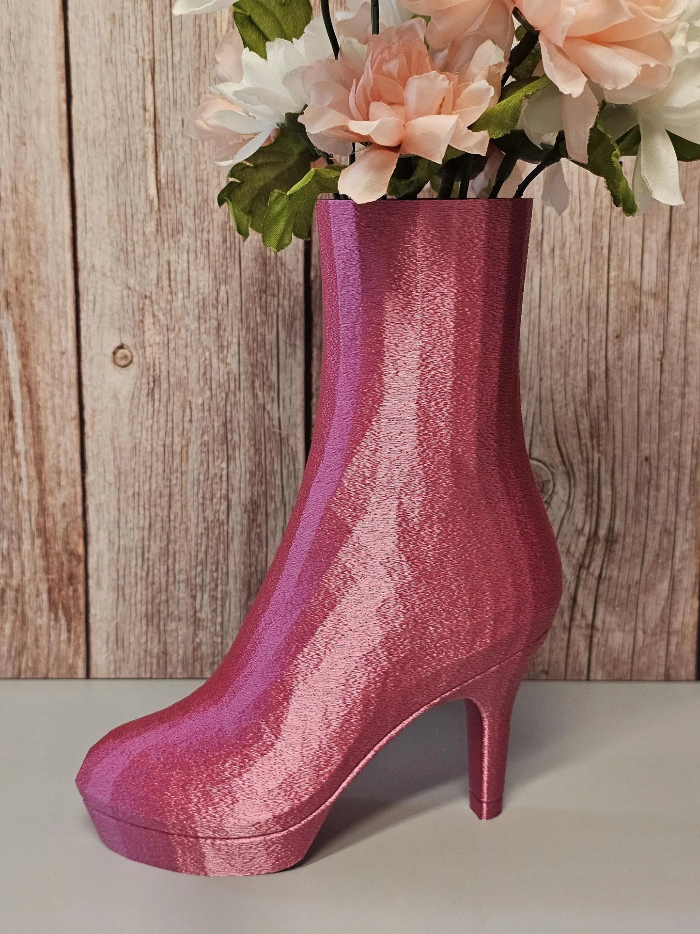 3D Printed High Heel Boot Vase: Electric Rose Pink Modern Decor CR3 Design Co