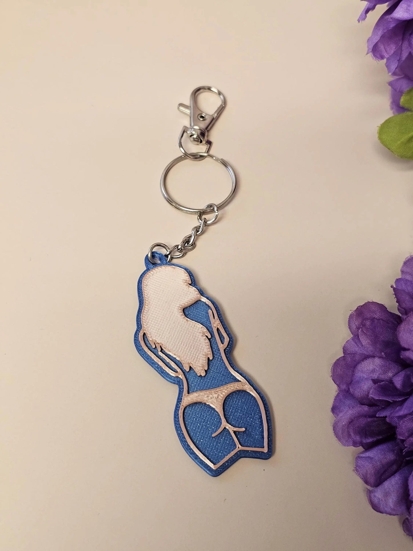 3D Printed Curvy Woman Bag Charm: Aqua Blue & Rose Gold Keychain CR3 Design Co