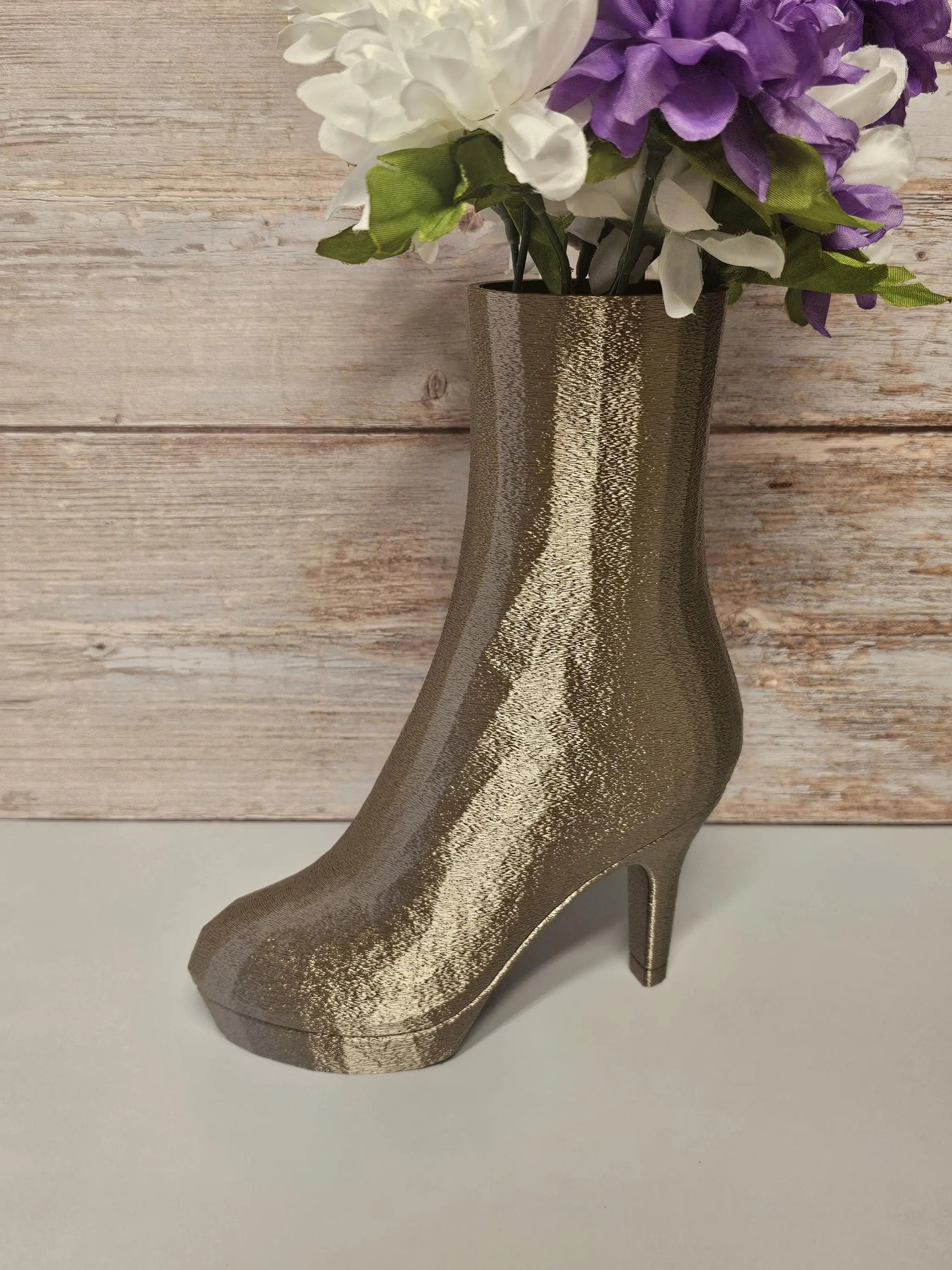 3D Printed High Heel Boot Vase: Antique Gold Fashion Decor CR3 Design Co