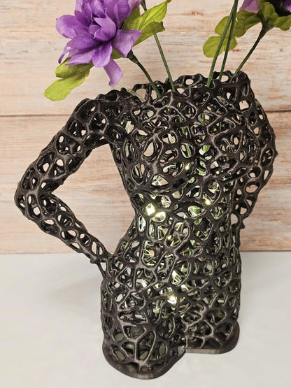 Voronoi Female Torso Vase: 3D Printed Sculpture Planter - Diamond Black LED Decor CR3 Design Co