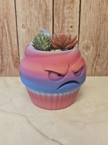 Quirky 3D Printed Cupcake Planter: Grumpy Dessert Pot for Succulents & Unique Shelf Decor CR3 Design Co