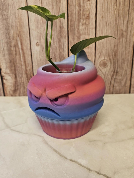 Quirky 3D Printed Cupcake Planter: Grumpy Dessert Pot for Succulents & Unique Shelf Decor CR3 Design Co