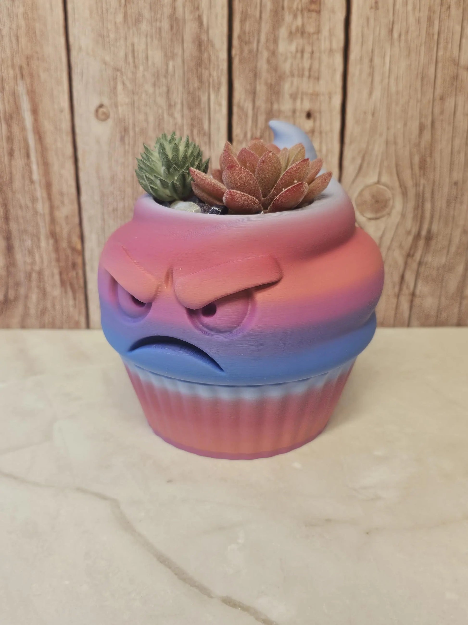 Quirky 3D Printed Cupcake Planter: Grumpy Dessert Pot for Succulents & Unique Shelf Decor CR3 Design Co