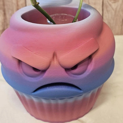 Quirky 3D Printed Cupcake Planter: Grumpy Dessert Pot for Succulents & Unique Shelf Decor CR3 Design Co