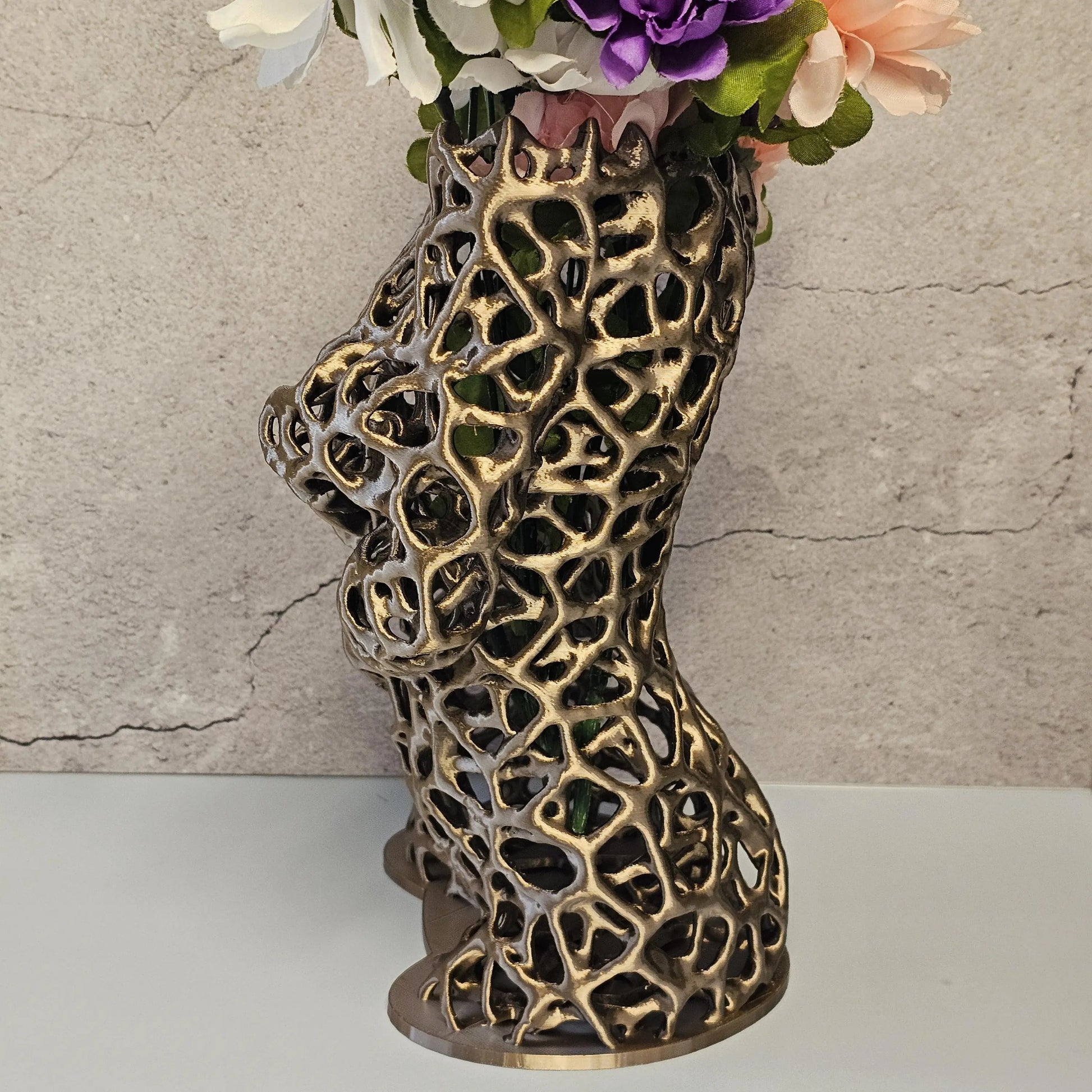 Voronoi Antique Gold Torso Vase: 3D Printed Female Body Art Decor CR3 Design Co