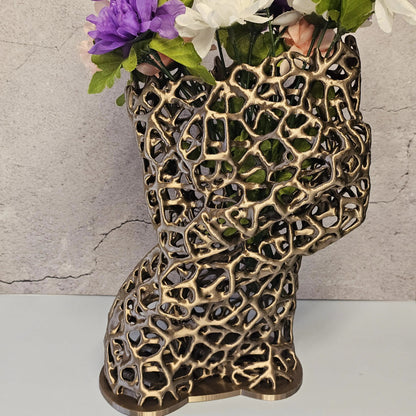Voronoi Antique Gold Torso Vase: 3D Printed Female Body Art Decor CR3 Design Co
