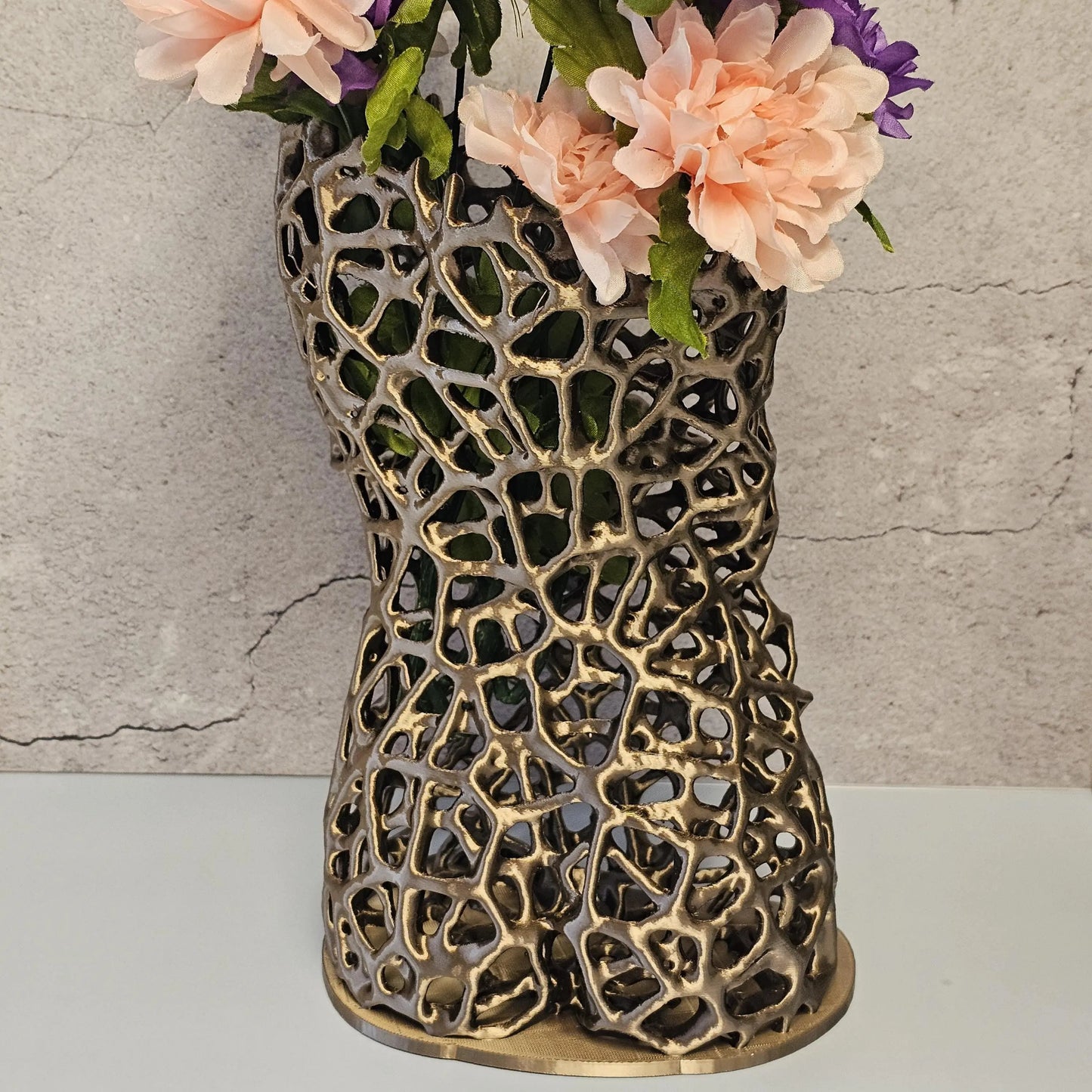 Voronoi Antique Gold Torso Vase: 3D Printed Female Body Art Decor CR3 Design Co