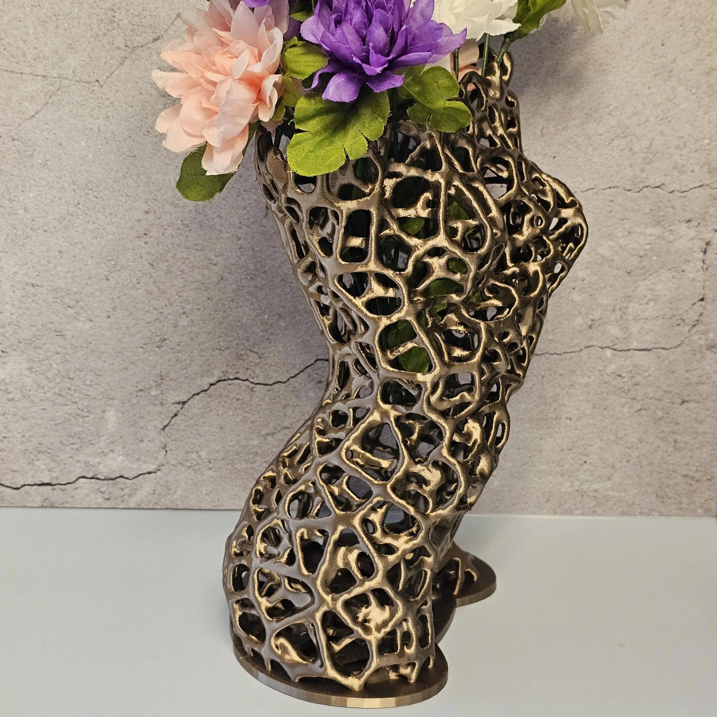 Voronoi Antique Gold Torso Vase: 3D Printed Female Body Art Decor CR3 Design Co