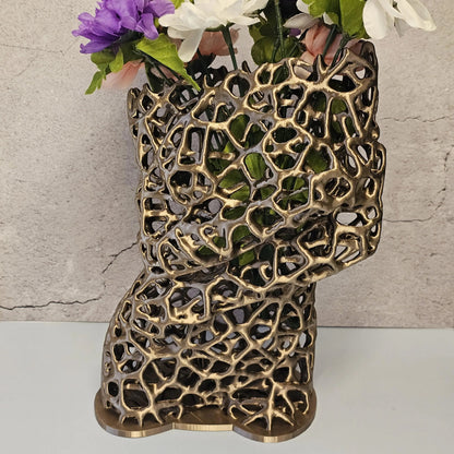 Voronoi Antique Gold Torso Vase: 3D Printed Female Body Art Decor CR3 Design Co